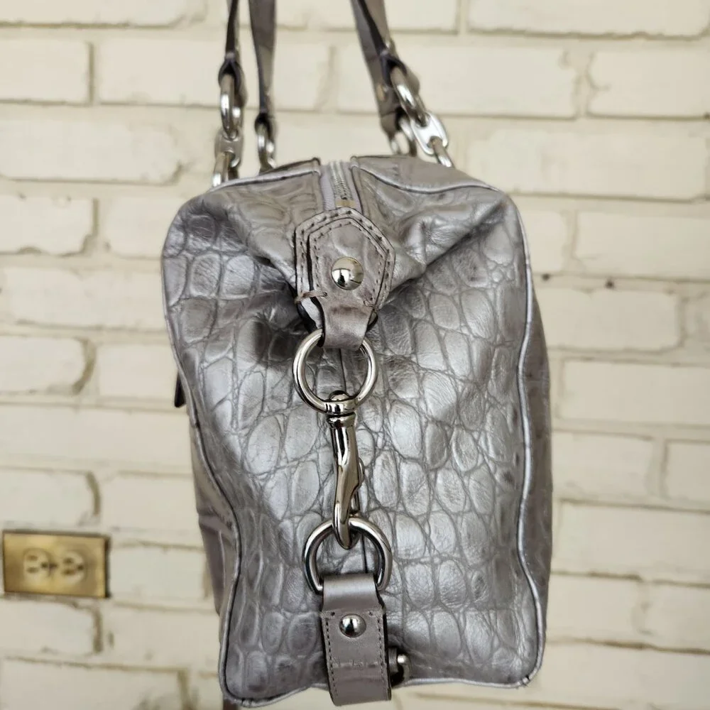 Euc Coach Ashley Crocodile Embossed Silver Leather Shoulder Bag